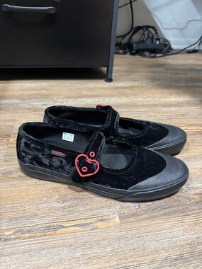Vans Black Velvet Mary Jane Sneakers with Red Heart Charm